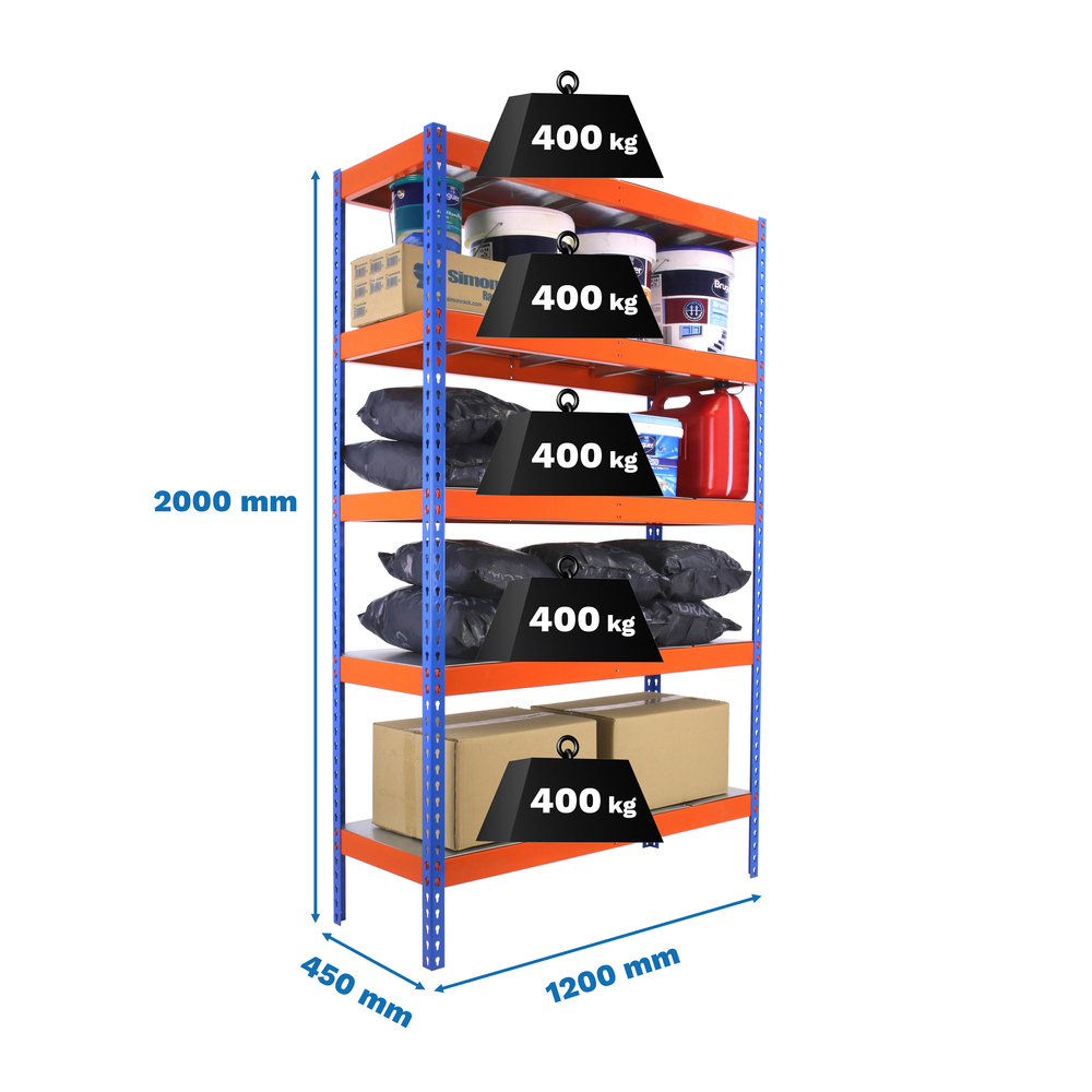 Étagère charge moyenne 400kg - 2000x1200x450 - 4 niveaux Bleu/Orange - SIMON RACK - 8435104949764