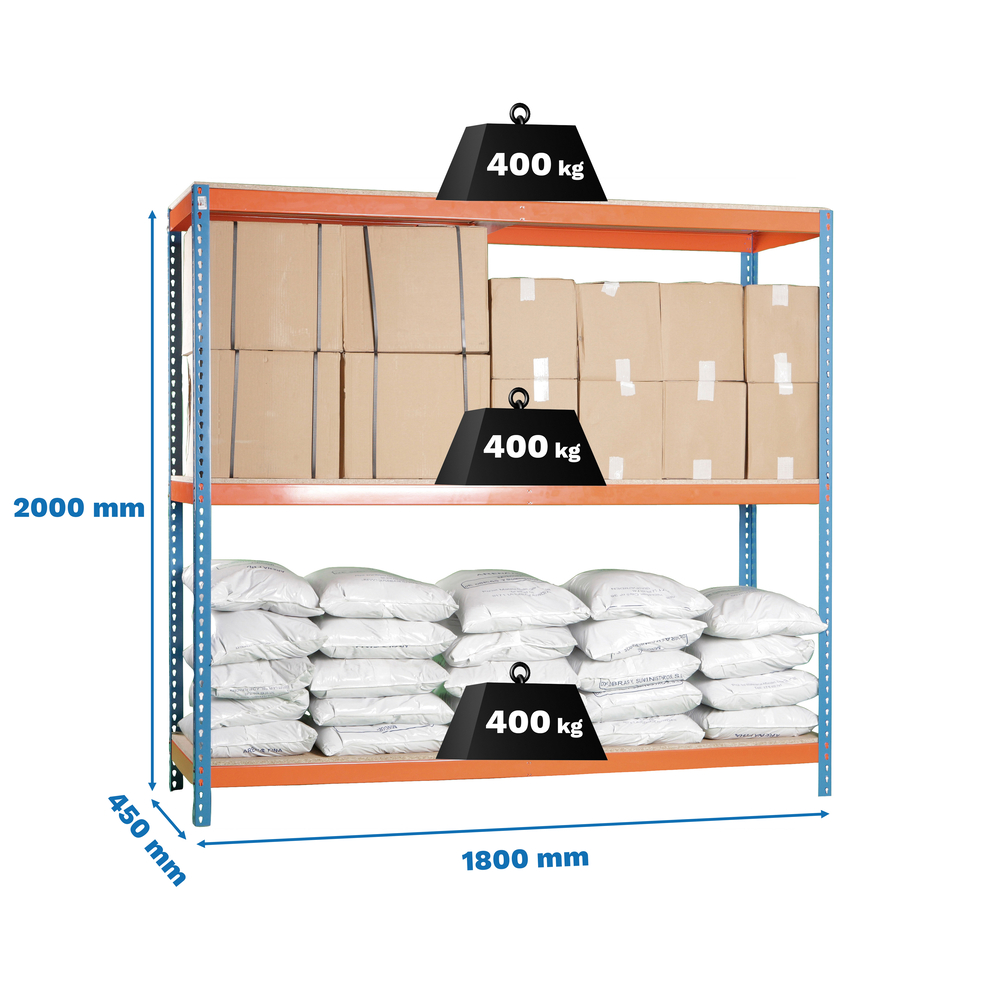 Étagère charge moyenne 400kg - 2000x1800x450 - 3 niveaux Bleu/Orange/Bois - SIMON RACK - 8435104949924