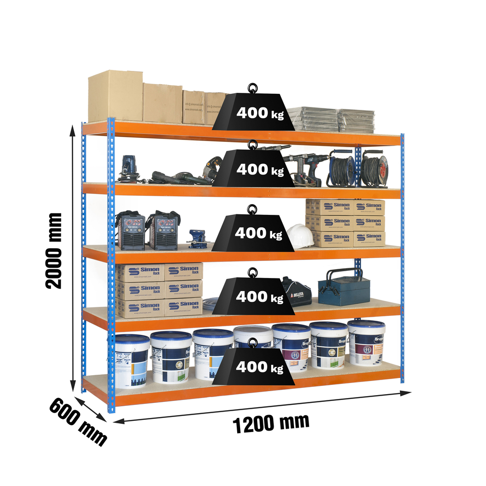 Étagère charge moyenne 400kg - 2000x1200x600 - 5 niveaux Bleu/Orange/Bois - SIMON RACK - 8435104950012