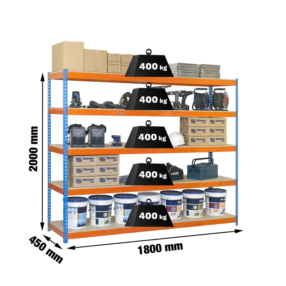 Étagère charge moyenne 400kg - 2000x1800x450 - 5 niveaux Bleu/Orange/Bois - SIMON RACK - 8435104950043