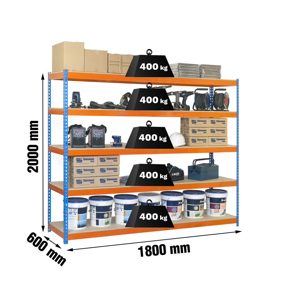 Étagère charge moyenne 400kg - 2000x1800x600 - 5 niveaux Bleu/Orange/Bois - SIMON RACK - 8435104950050