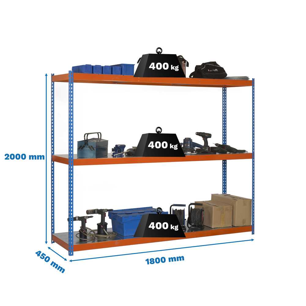 Étagère charge moyenne 400kg - 2000x1800x450 - 3 niveaux Bleu/Orange - SIMON RACK - 8435104950166
