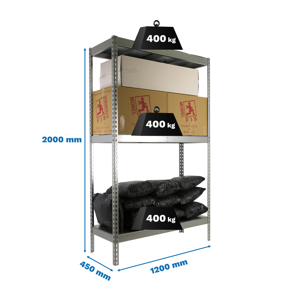 Étagère charge moyenne 400kg - 2000x1200x450 - 3 niveaux Galvanisé - SIMON RACK - 8435104950180