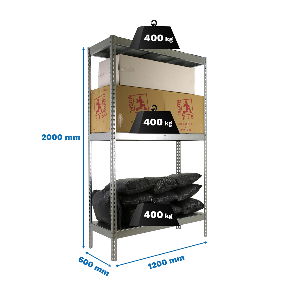 Étagère charge moyenne 400kg - 2000x1200x600 - 3 niveaux Galvanisé - SIMON RACK - 8435104950197