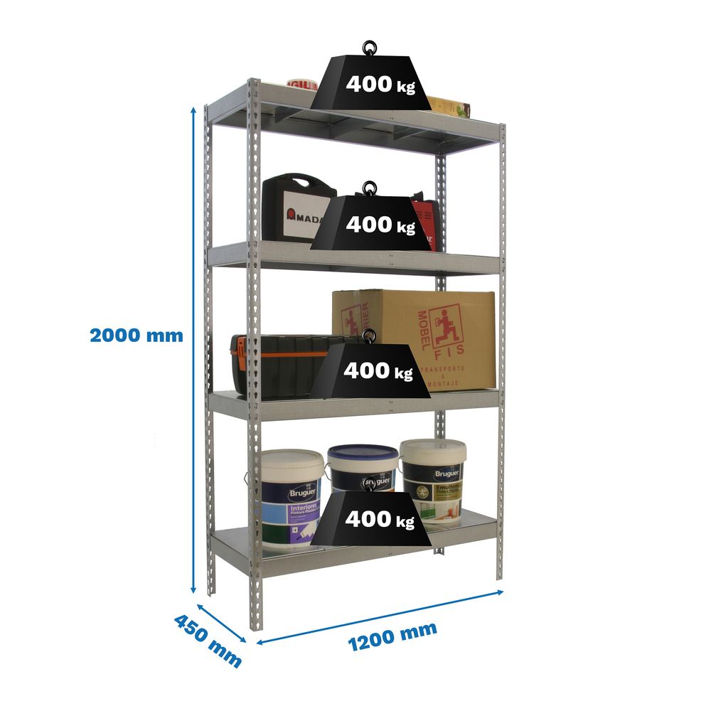 Étagère charge moyenne 400kg - 2000x1200x450 - 4 niveaux Galvanisé - SIMON RACK - 8435104950258