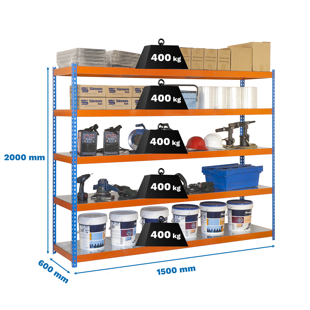 Étagère charge moyenne 400kg - 2000x1500x600 - 5 niveaux Bleu/Orange - SIMON RACK - 8435104950340