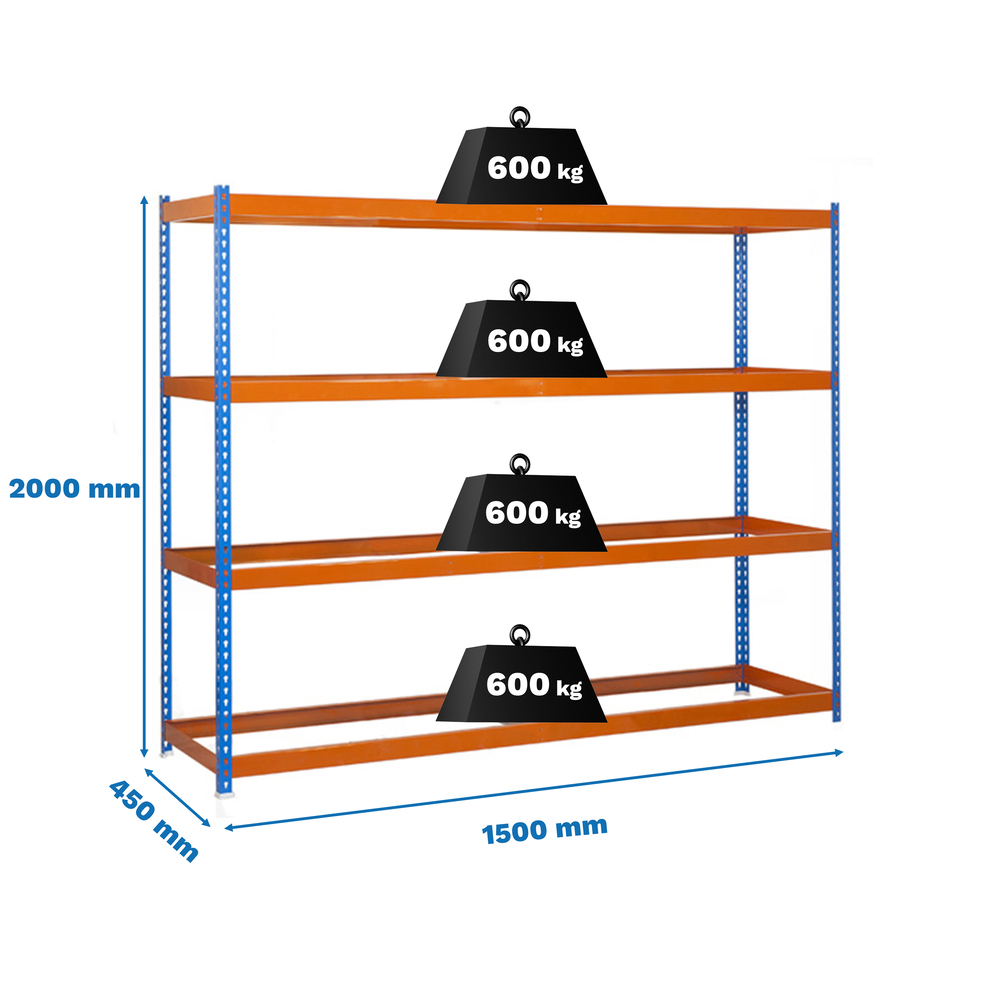 Étagère charge moyenne 500 à 600kg - 2000x1500x450 - 4 niveaux Bleu/Orange - SIMON RACK - 8435104950593