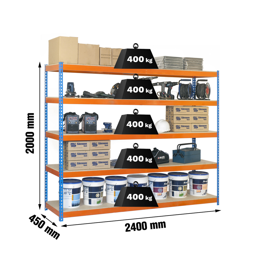 Étagère charge moyenne 500 à 600kg - 2000x2400x450 - 5 niveaux Bleu/Orange/Bois - SIMON RACK - 8435104951125