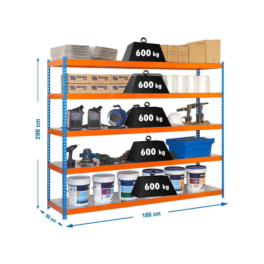 Étagère charge moyenne 500 à 600kg - 2000x1800x900 - 5 niveaux Bleu/Orange - SIMON RACK - 8435104951613