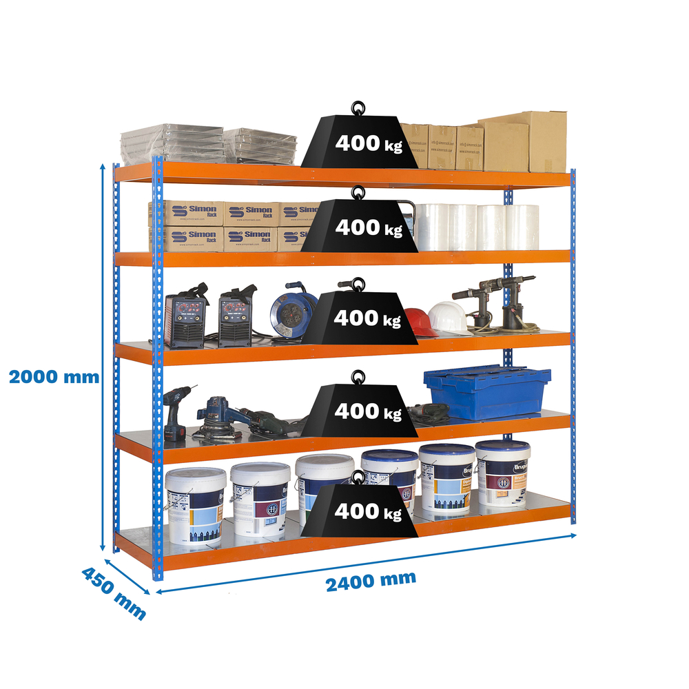 Étagère charge moyenne 500 à 600kg - 2000x2400x450 - 5 niveaux Bleu/Orange - SIMON RACK - 8435104951620