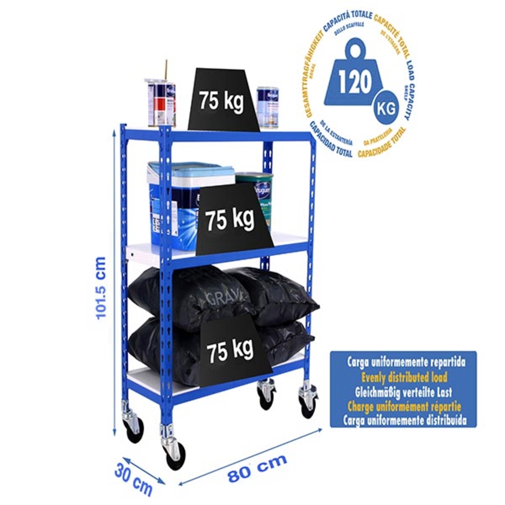 Rayonnage mobile métallique léger sans vis 975x800x300 - 3 niveaux Bleu/Blanc - SIMON RACK - 8435104952740