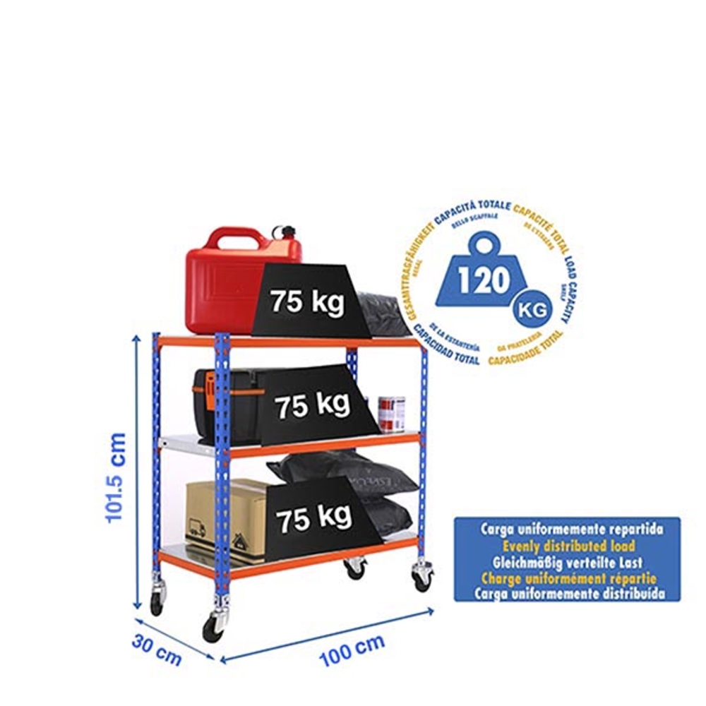 Rayonnage mobile métallique léger sans vis 975x1000x300 - 3 niveaux Bleu/Orange/Galvanisé - SIMON RACK - 8435104952832