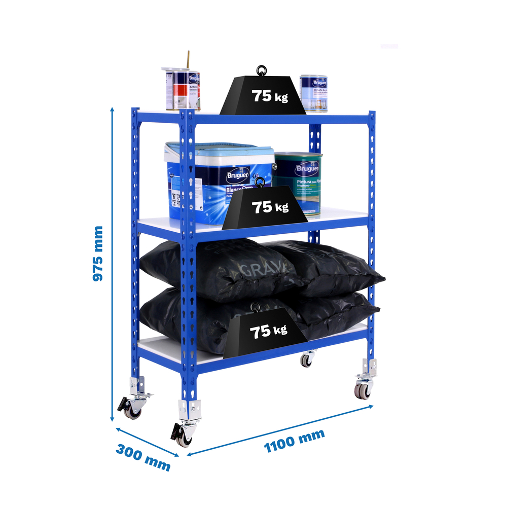 Rayonnage mobile métallique léger sans vis 975x1100x300 - 3 niveaux Bleu - SIMON RACK - 8435104952863