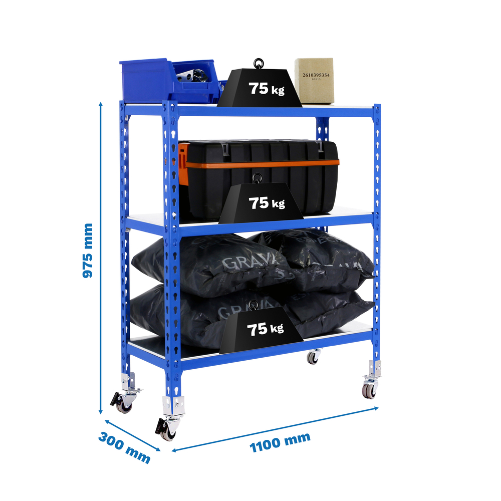 Rayonnage mobile métallique léger sans vis 975x1100x300 - 3 niveaux Bleu/Galvanisé - SIMON RACK - 8435104952887