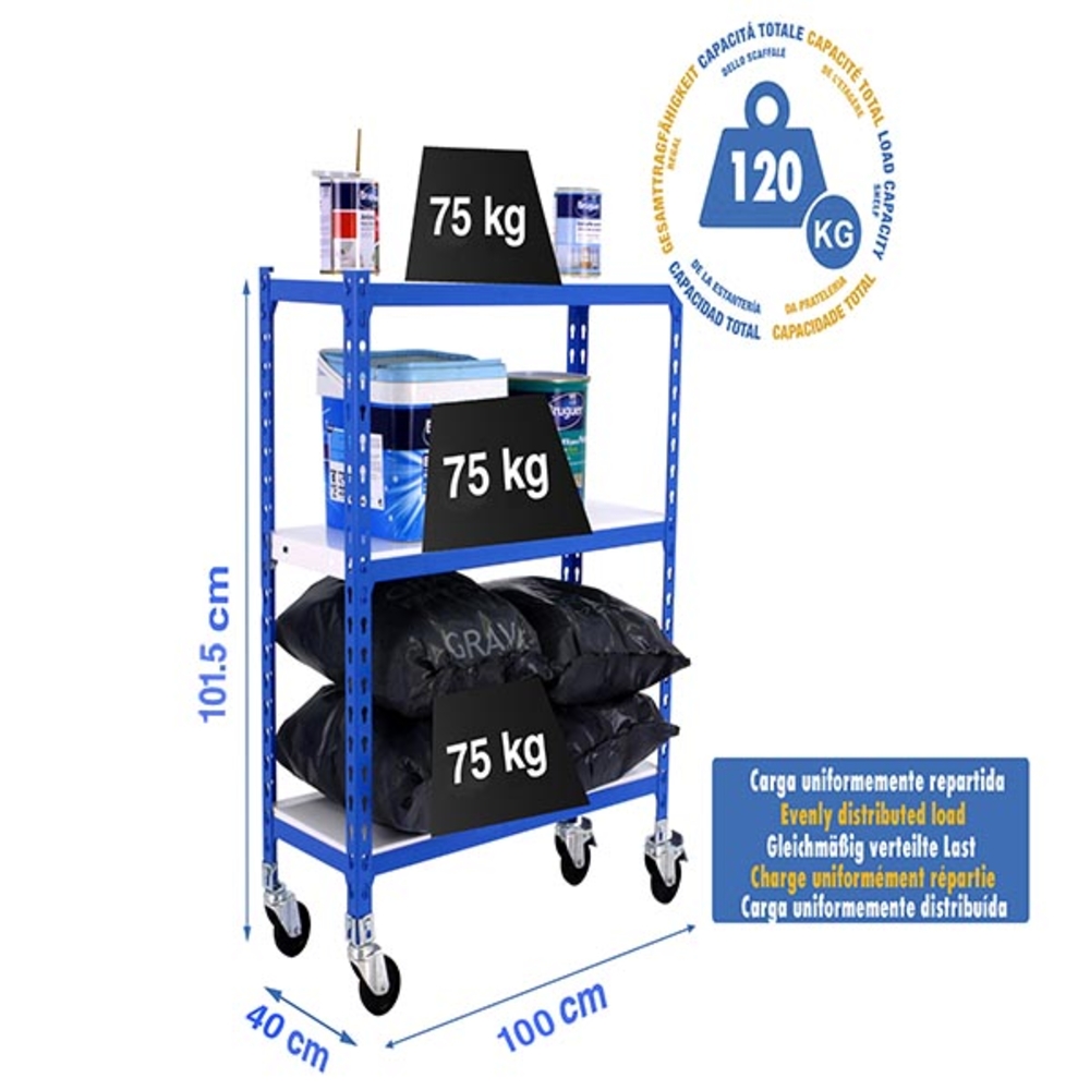 Rayonnage mobile métallique léger sans vis 975x1000x400 - 3 niveaux Bleu/Blanc - SIMON RACK - 8435104952986