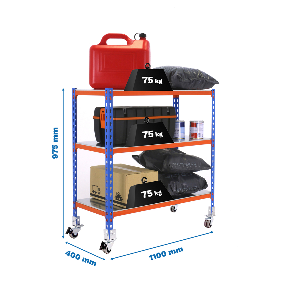 Rayonnage mobile métallique léger sans vis 975x1100x400 - 3 niveaux Bleu/Orange - SIMON RACK - 8435104953037