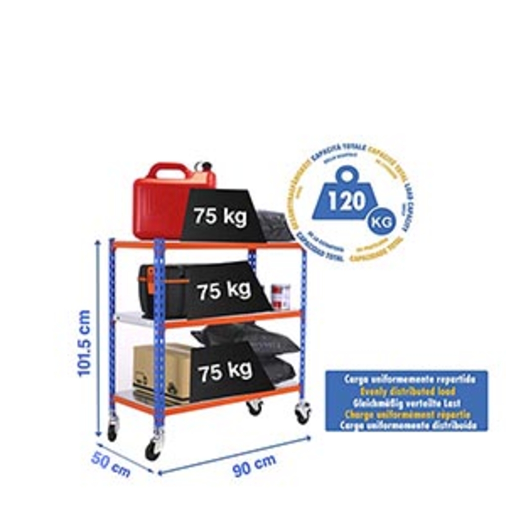 Rayonnage mobile métallique léger sans vis 975x900x500 - 3 niveaux Bleu/Orange - SIMON RACK - 8435104953112