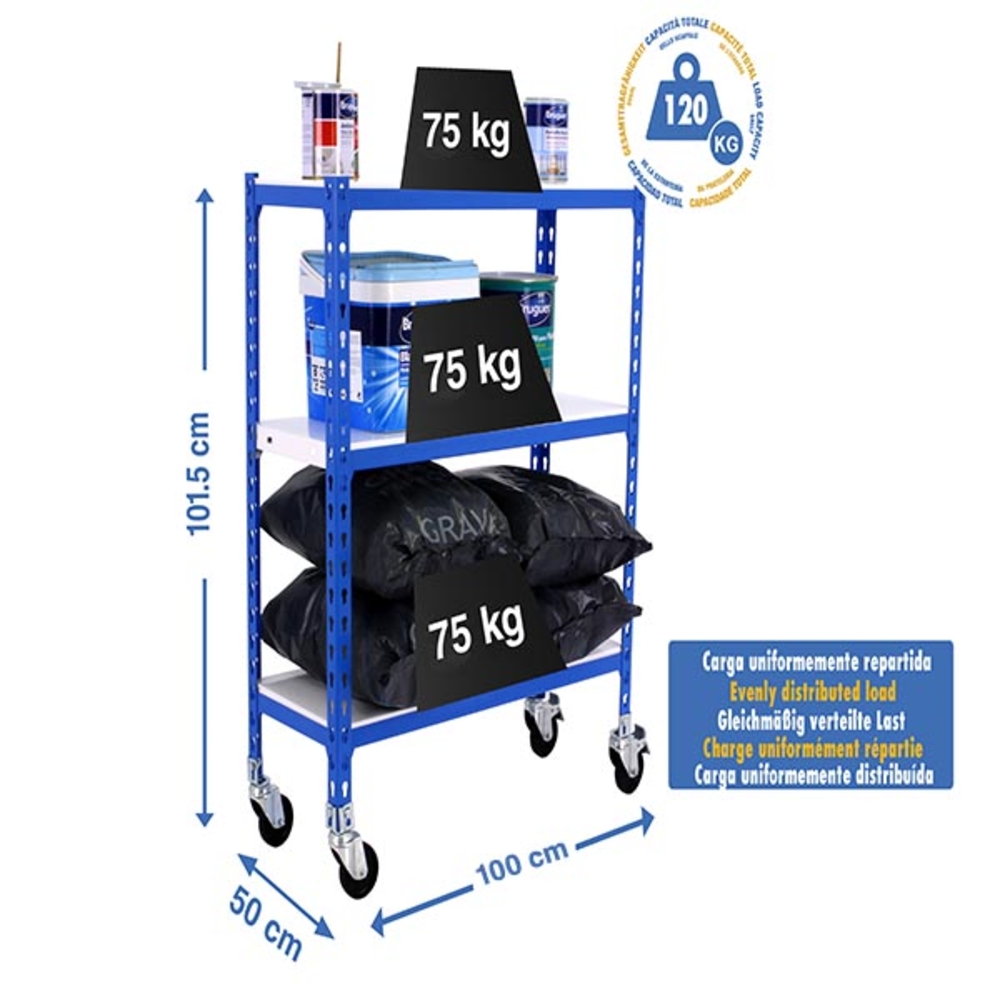 Rayonnage mobile métallique léger sans vis 975x1000x500 - 3 niveaux Bleu/Blanc - SIMON RACK - 8435104953143