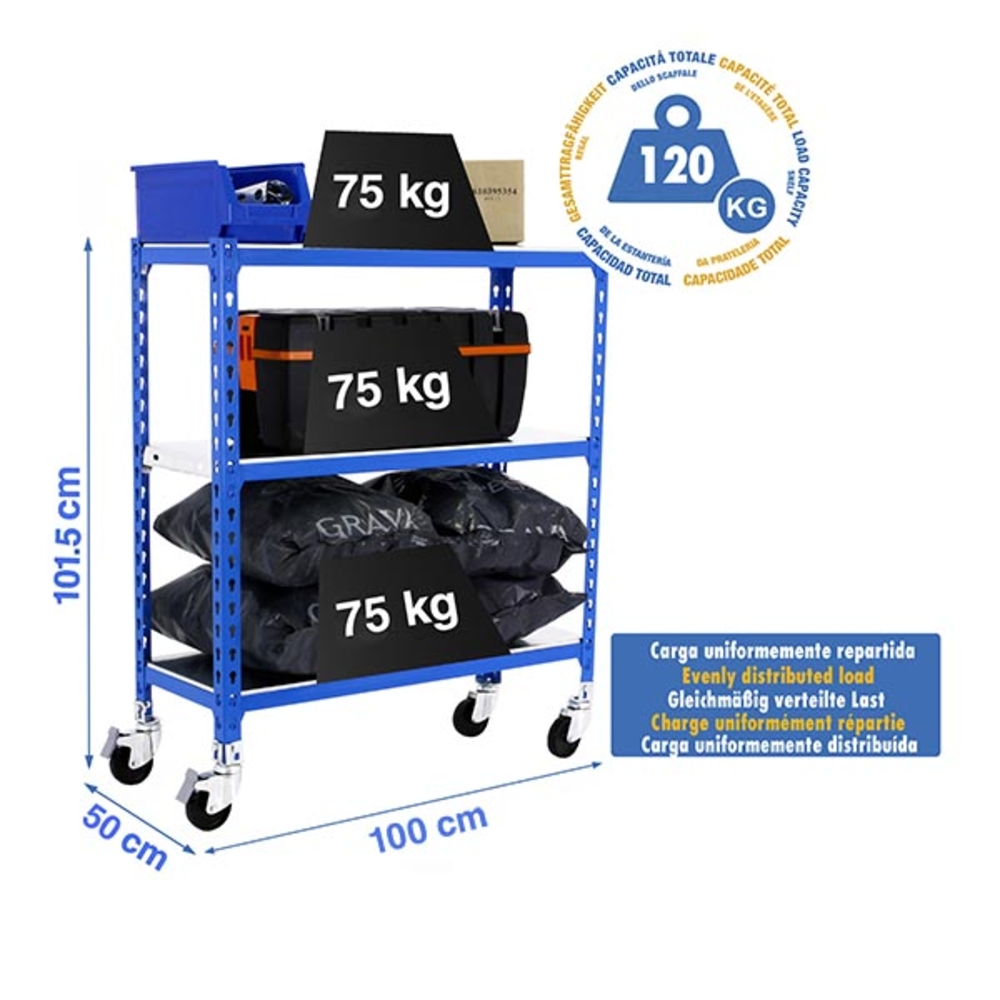 Rayonnage mobile métallique léger sans vis 975x1000x500 - 3 niveaux Bleu - SIMON RACK - 8435104953167