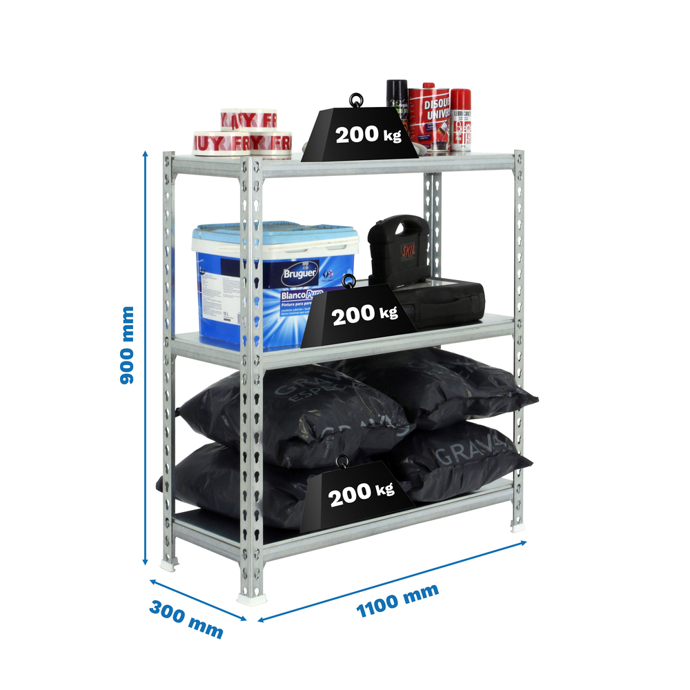 Rayonnage métallique léger sans vis 900x1100x300 - 3 niveaux Galvanisé - SIMON RACK - 8435104953372