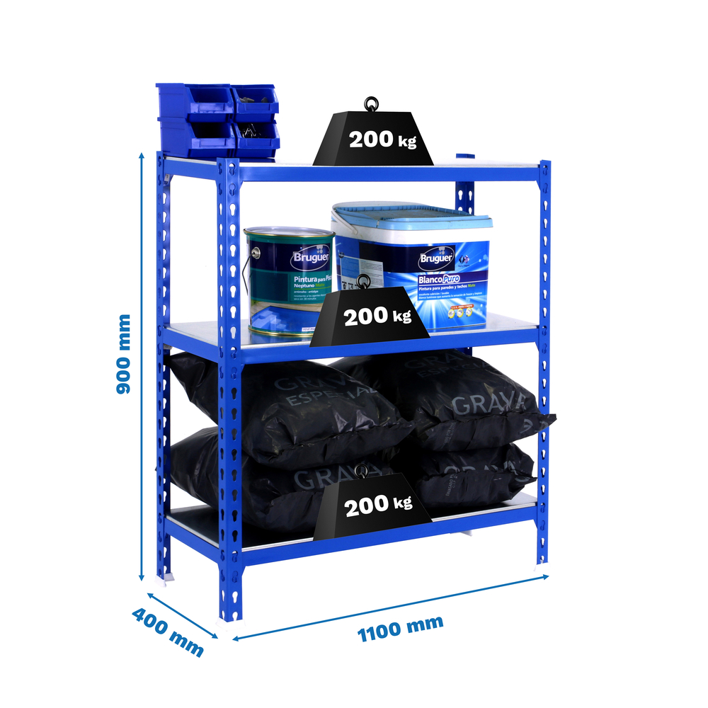 Rayonnage métallique léger sans vis 900x1100x400 - 3 niveaux Bleu - SIMON RACK - 8435104953525