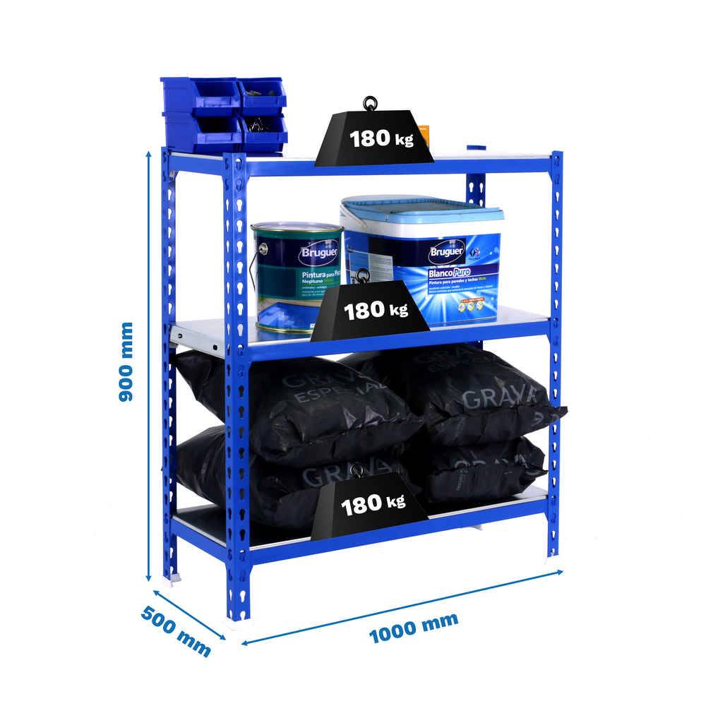 Rayonnage métallique léger sans vis 900x1000x500 - 3 niveaux Bleu - SIMON RACK - 8435104953648
