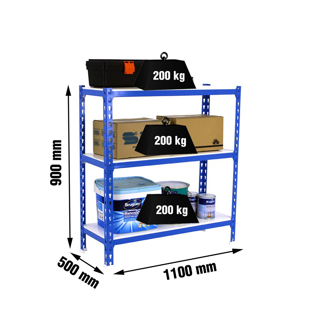Rayonnage métallique léger sans vis 900x1100x500 - 3 niveaux Bleu/Blanc - SIMON RACK - 8435104953662