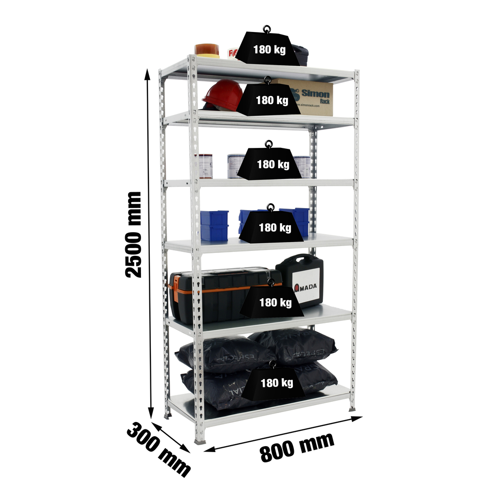 Rayonnage métallique léger sans vis 2500x800x300 - 6 niveaux Galvanisé - SIMON RACK - 8435104953730