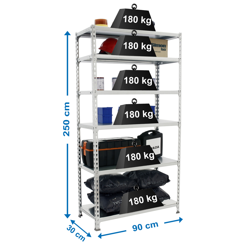 Rayonnage métallique léger sans vis 2500x900x300 - 6 niveaux Galvanisé - SIMON RACK - 8435104953778
