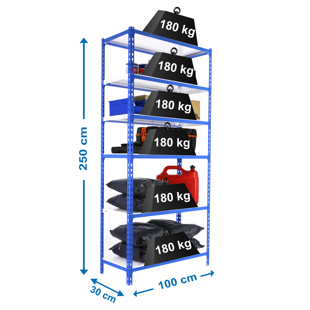 Rayonnage métallique léger sans vis 2500x1000x300 - 6 niveaux Bleu/Blanc - SIMON RACK - 8435104953785