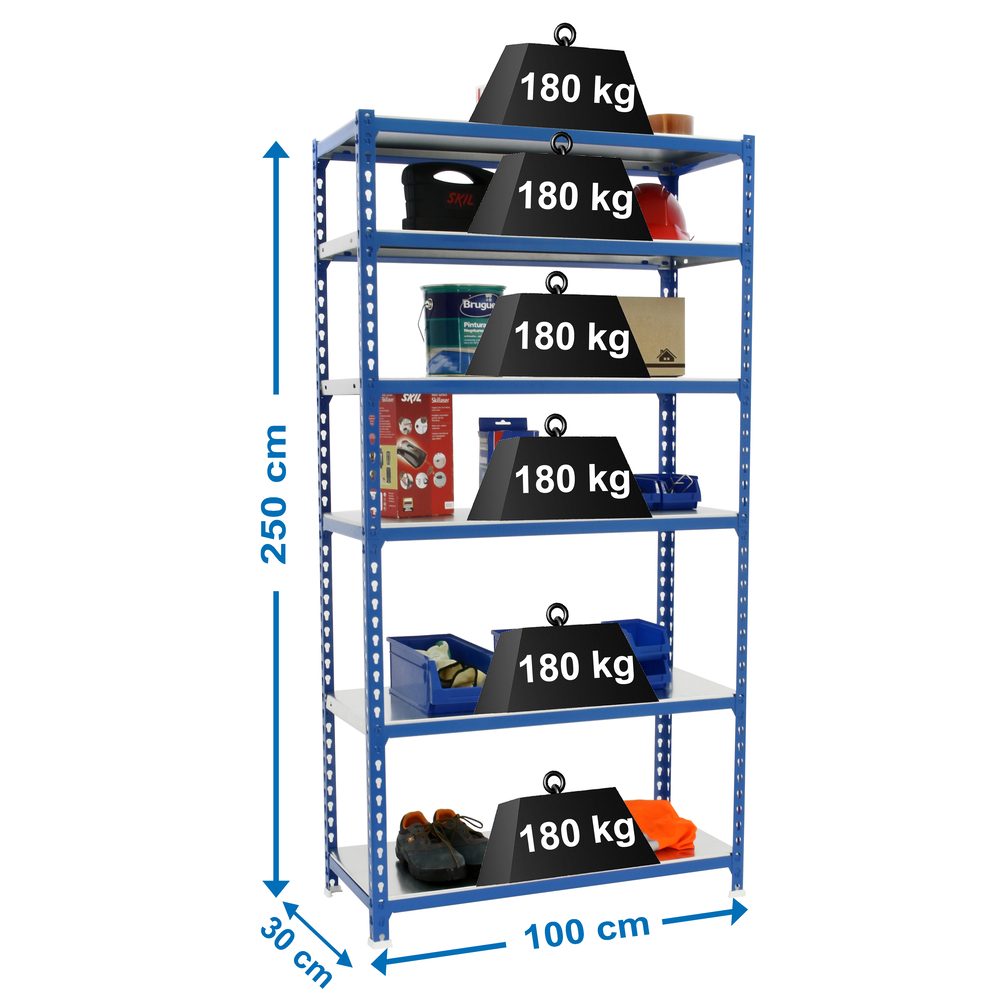 Rayonnage métallique léger sans vis 2500x1000x300 - 6 niveaux Bleu - SIMON RACK - 8435104953808