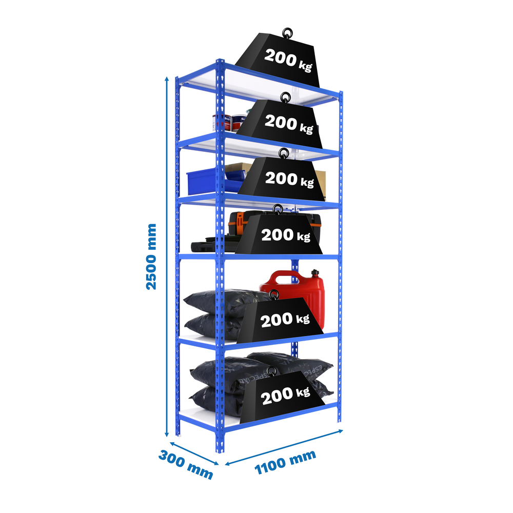 Rayonnage métallique léger sans vis 2500x1100x300 - 6 niveaux Bleu/Blanc - SIMON RACK - 8435104953822