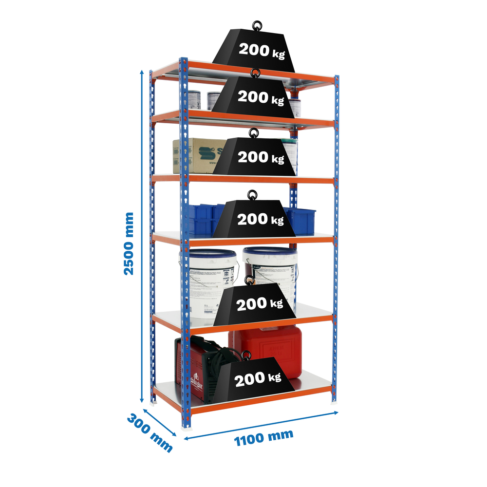 Rayonnage métallique léger sans vis 2500x1100x300 - 6 niveaux Bleu/Orange/Galvanisé - SIMON RACK - 8435104953839