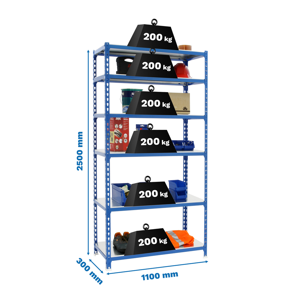Rayonnage métallique léger sans vis 2500x1100x300 - 6 niveaux Bleu - SIMON RACK - 8435104953846