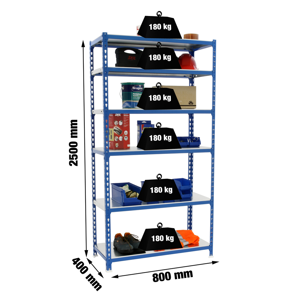 Rayonnage métallique léger sans vis 2500x800x400 - 6 niveaux Bleu - SIMON RACK - 8435104953884