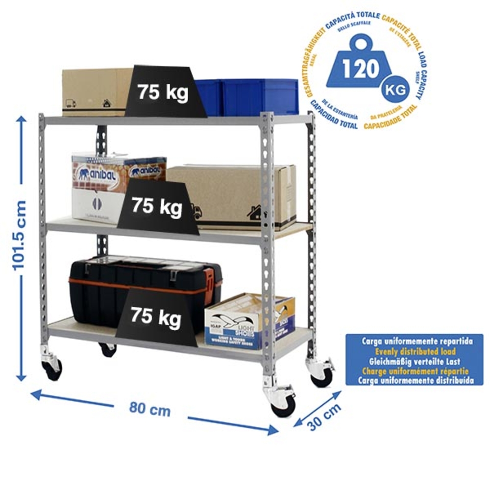 Rayonnage mobile bois-métal léger sans vis 975x800x300 - 3 niveaux Gris/Bois - SIMON RACK - 8435104954188