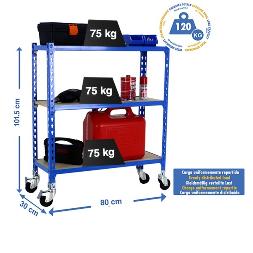 Rayonnage mobile bois-métal léger sans vis 975x800x300 - 3 niveaux Bleu/Bois - SIMON RACK - 8435104954195