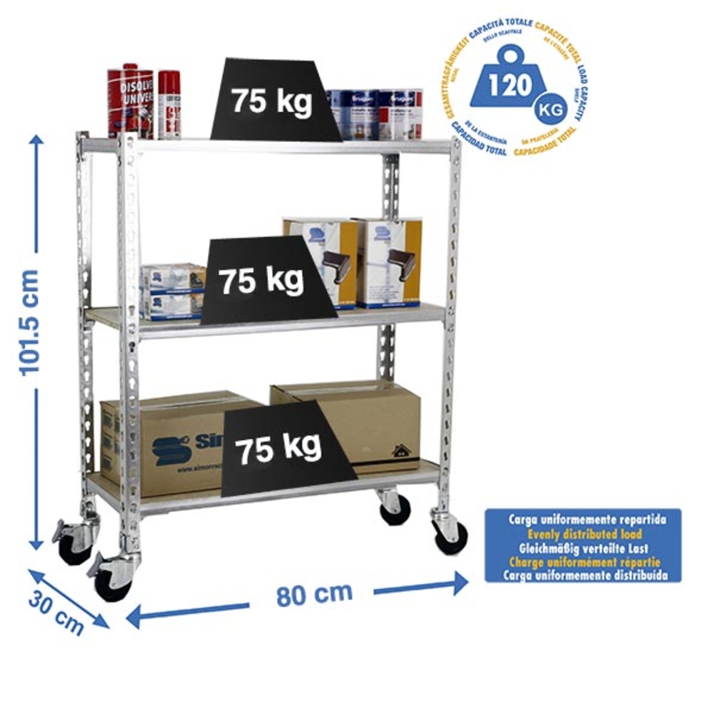 Rayonnage mobile bois-métal léger sans vis 975x800x300 - 3 niveaux Bois - SIMON RACK - 8435104954218