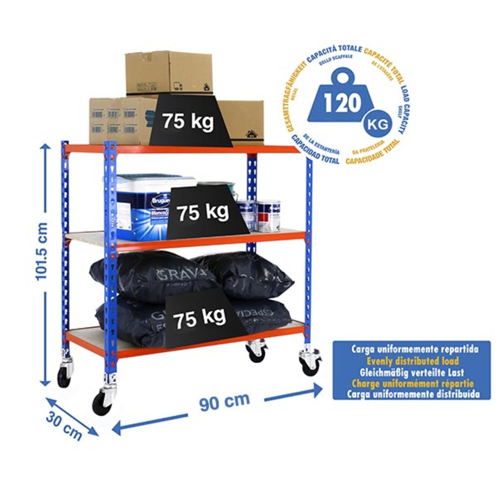 Rayonnage mobile bois-métal léger sans vis 975x900x300 - 3 niveaux Bleu/Orange/Bois - SIMON RACK - 8435104954249