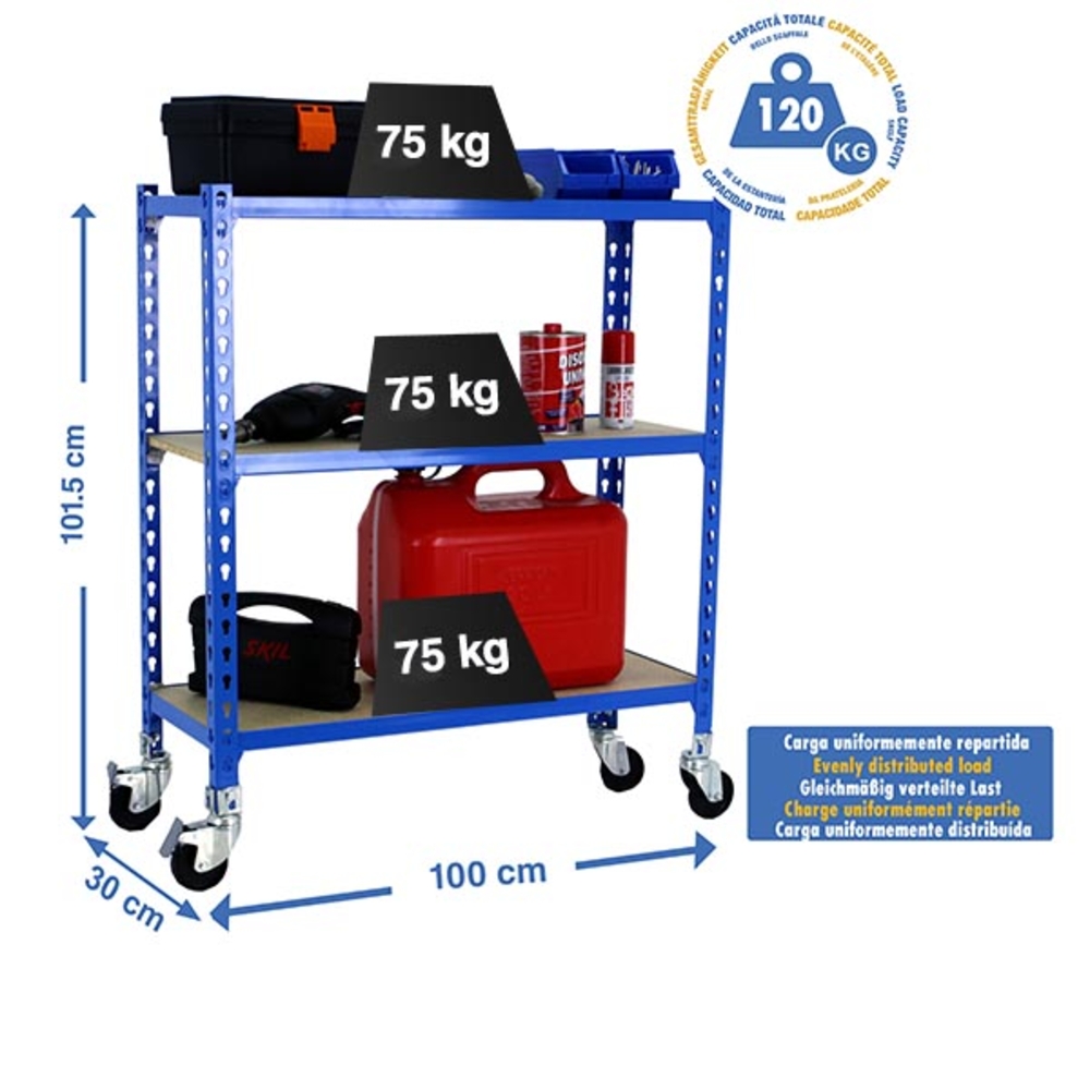 Rayonnage mobile bois-métal léger sans vis 975x1000x300 - 3 niveaux Bleu/Bois - SIMON RACK - 8435104954270