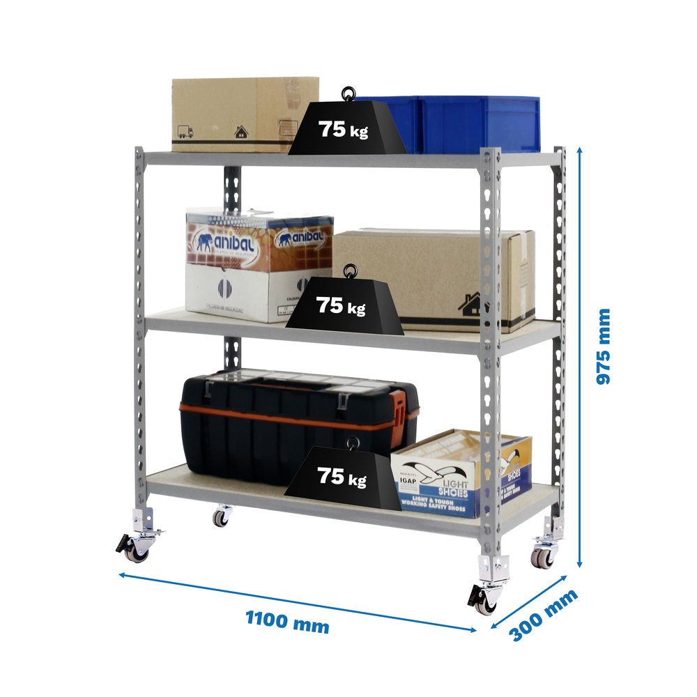 Rayonnage mobile bois-métal léger sans vis 975x1100x300 - 3 niveaux Gris/Bois - SIMON RACK - 8435104954300