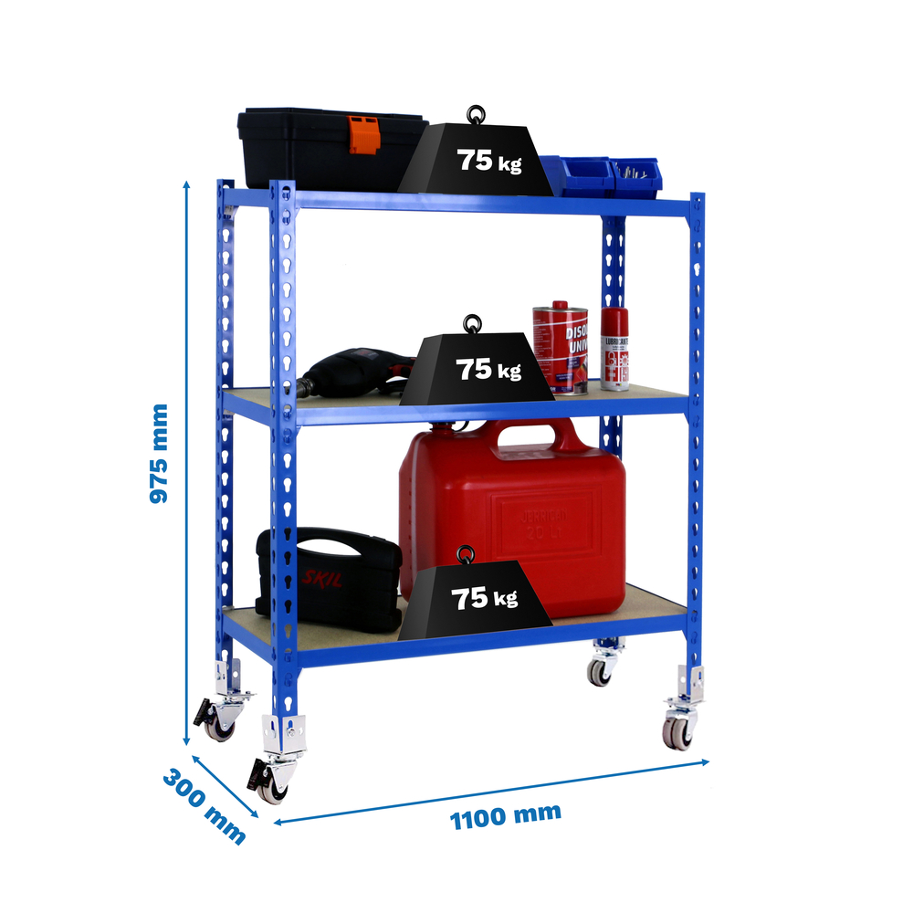 Rayonnage mobile bois-métal léger sans vis 975x1100x300 - 3 niveaux Bleu/Bois - SIMON RACK - 8435104954317
