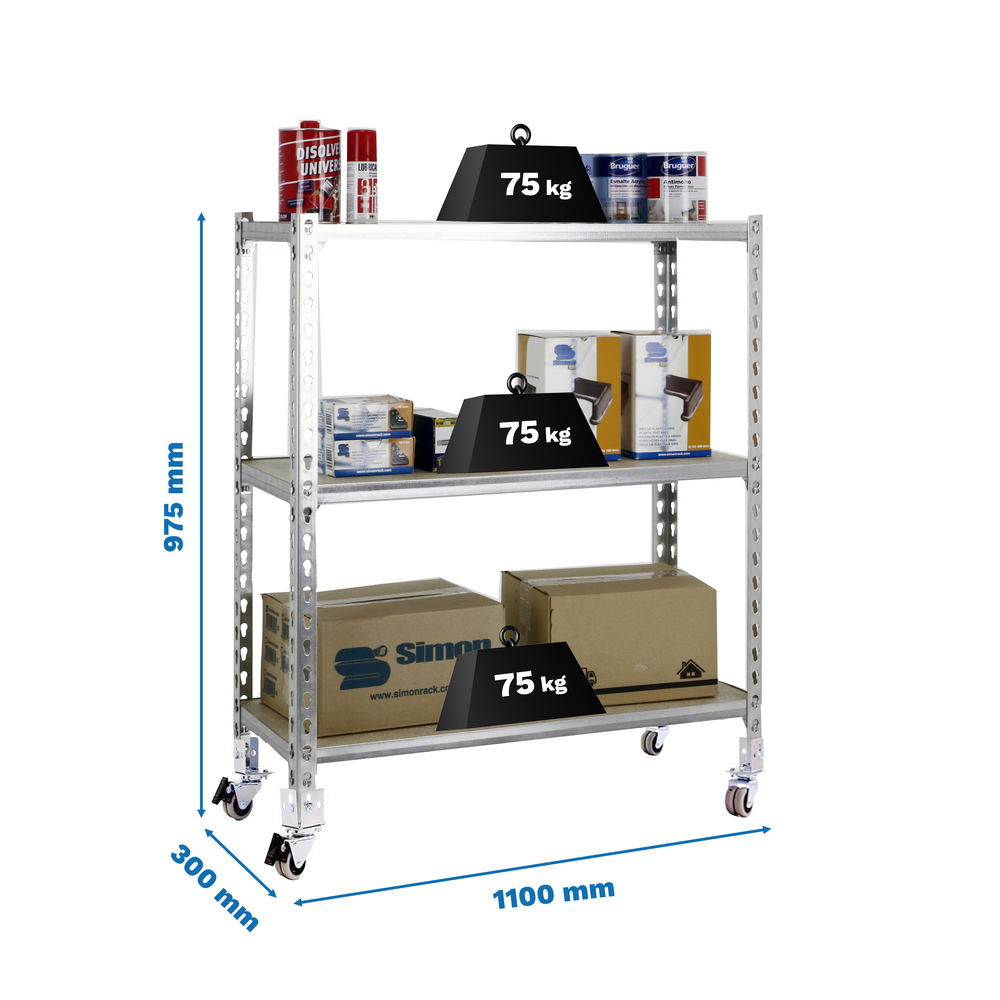 Rayonnage mobile bois-métal léger sans vis 975x1100x300 - 3 niveaux Galvanisé - SIMON RACK - 8435104954331