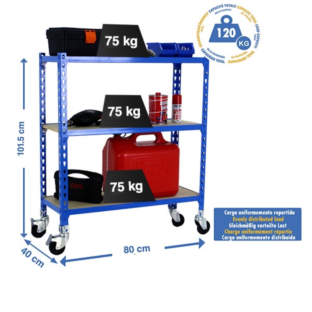 Rayonnage mobile bois-métal léger sans vis 975x800x400 - 3 niveaux Bleu/Bois - SIMON RACK - 8435104954355