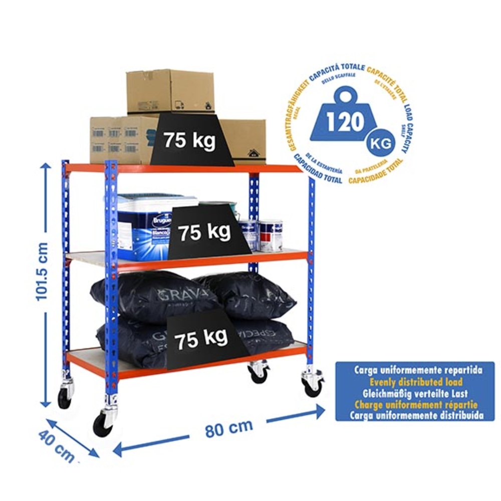 Rayonnage mobile bois-métal léger sans vis 975x800x400 - 3 niveaux Bleu/Orange/Bois - SIMON RACK - 8435104954362