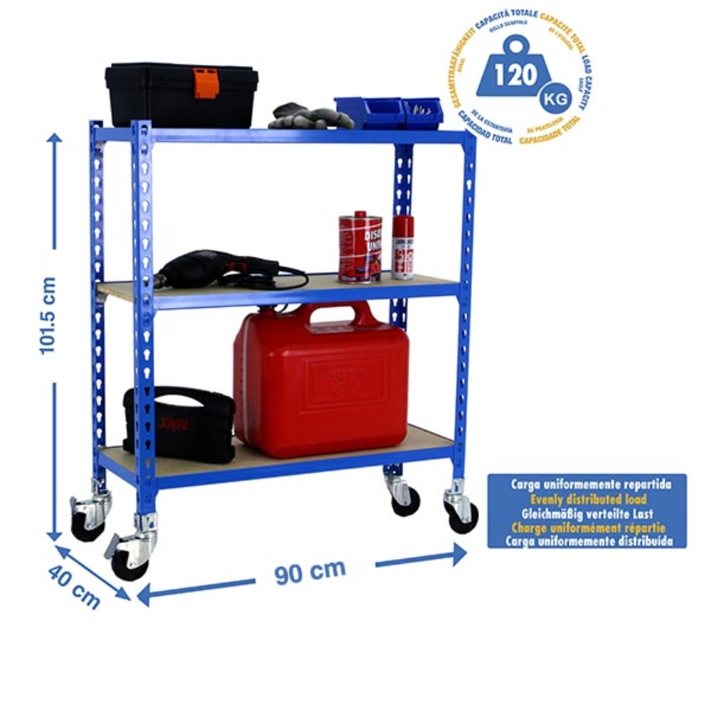 Rayonnage mobile bois-métal léger sans vis 975x900x400 - 3 niveaux Bleu/Bois - SIMON RACK - 8435104954393