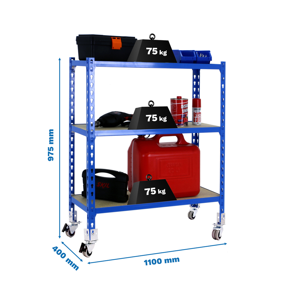Rayonnage mobile bois-métal léger sans vis 975x1100x400 - 3 niveaux Bleu/Bois - SIMON RACK - 8435104954478