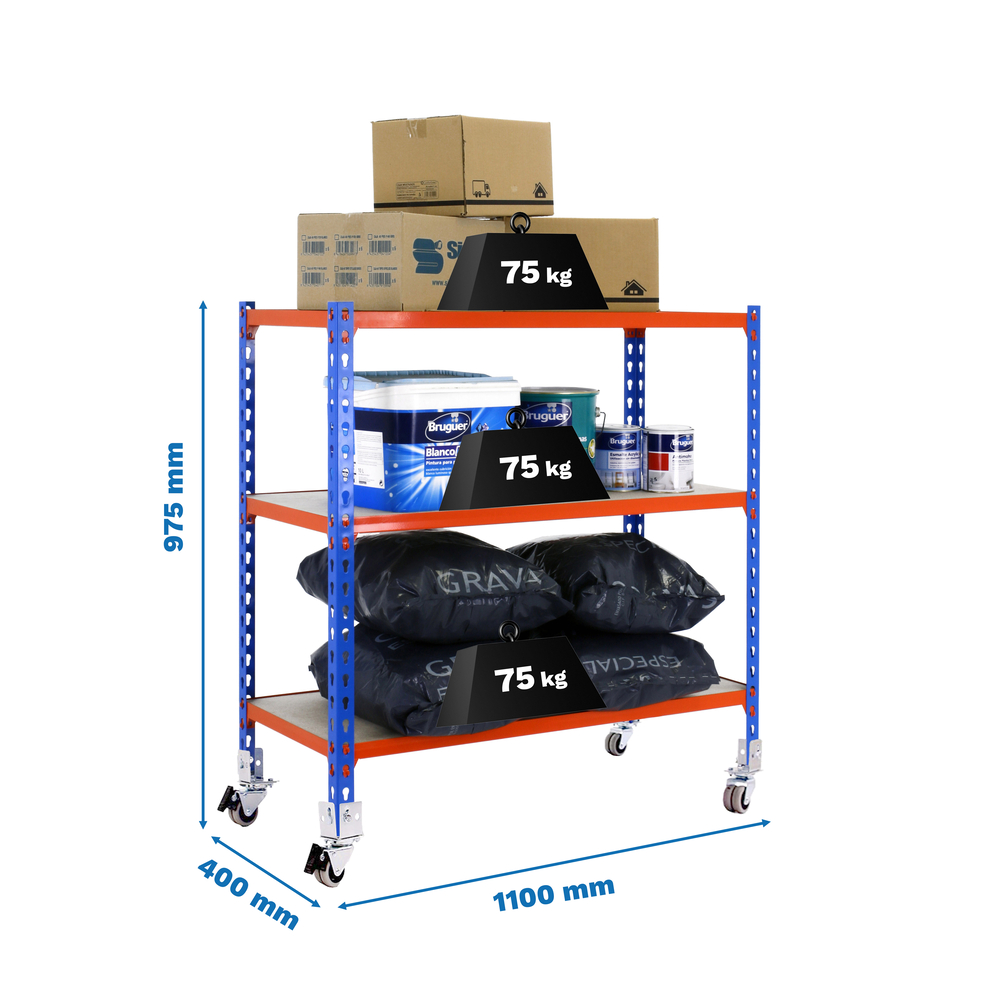 Rayonnage mobile bois-métal léger sans vis 975x1100x400 - 3 niveaux Bleu/Orange - SIMON RACK - 8435104954485