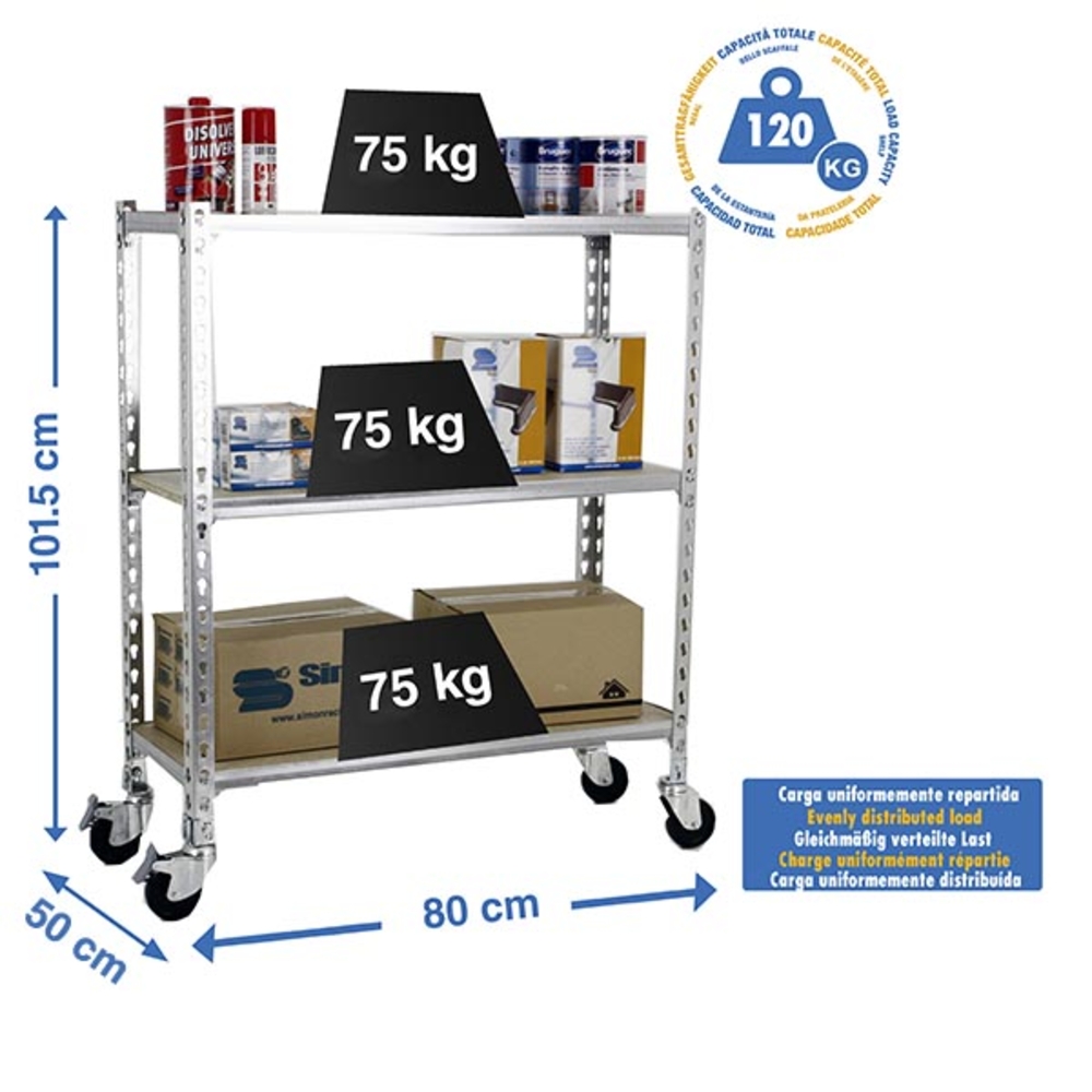 Rayonnage mobile bois-métal léger sans vis 975x800x500 - 3 niveaux Bois - SIMON RACK - 8435104954539