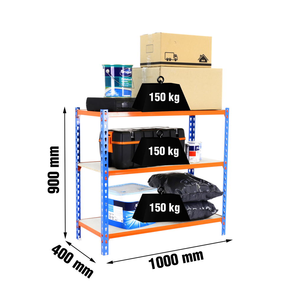 Rayonnage bois-métal léger sans vis 900x1000x300 - 3 niveaux Bleu/Orange/Bois - SIMON RACK - 8435104954768